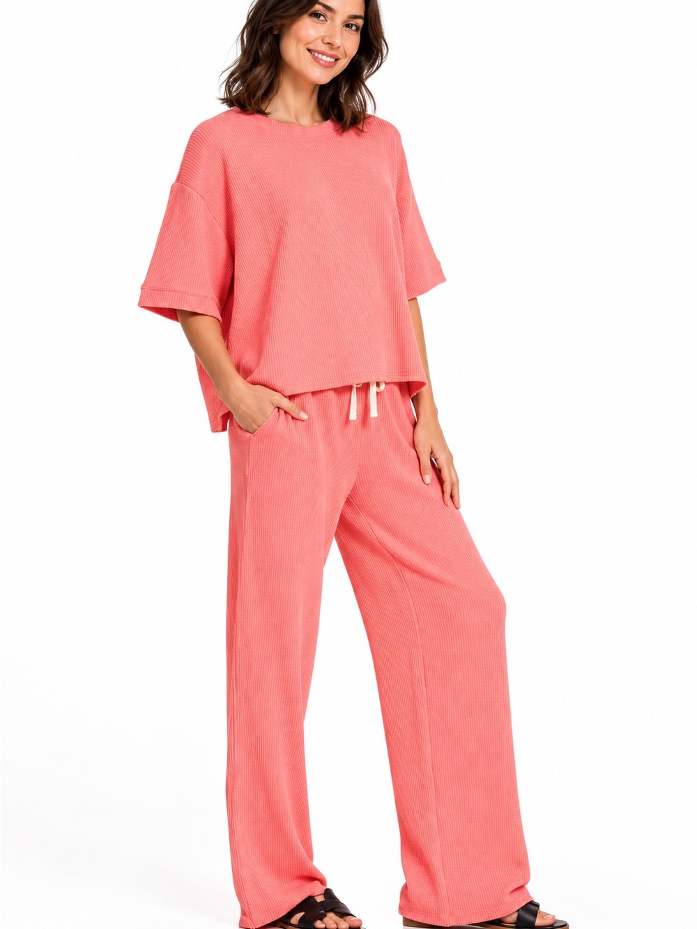 Zenana Coral Ribbed Two-Piece Lounge Set | Short Sleeve Top & Wide-Leg Pants